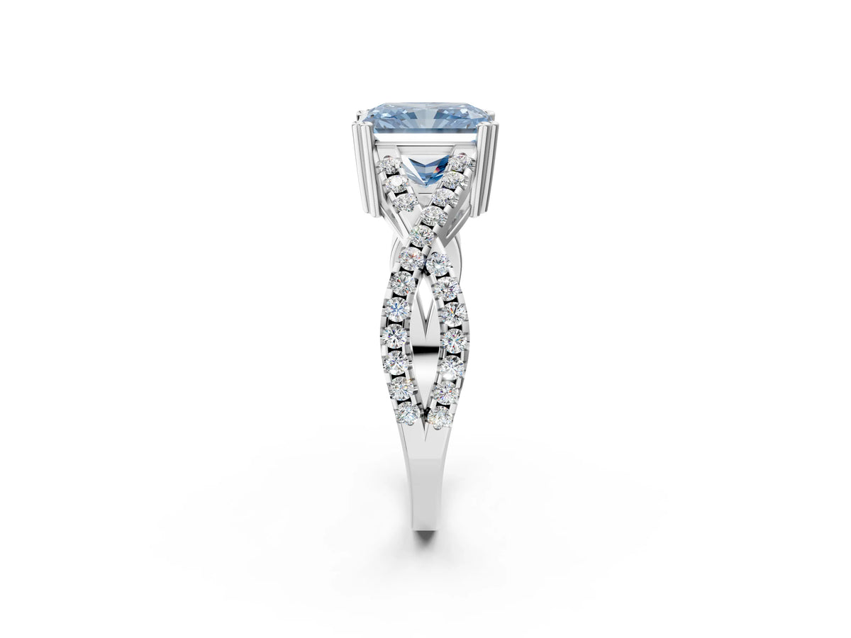 Fancy Blue Radiant Cut Diamond Solitaire Ring in Silver with Interwoven Pavé Band and Prong Setting_8