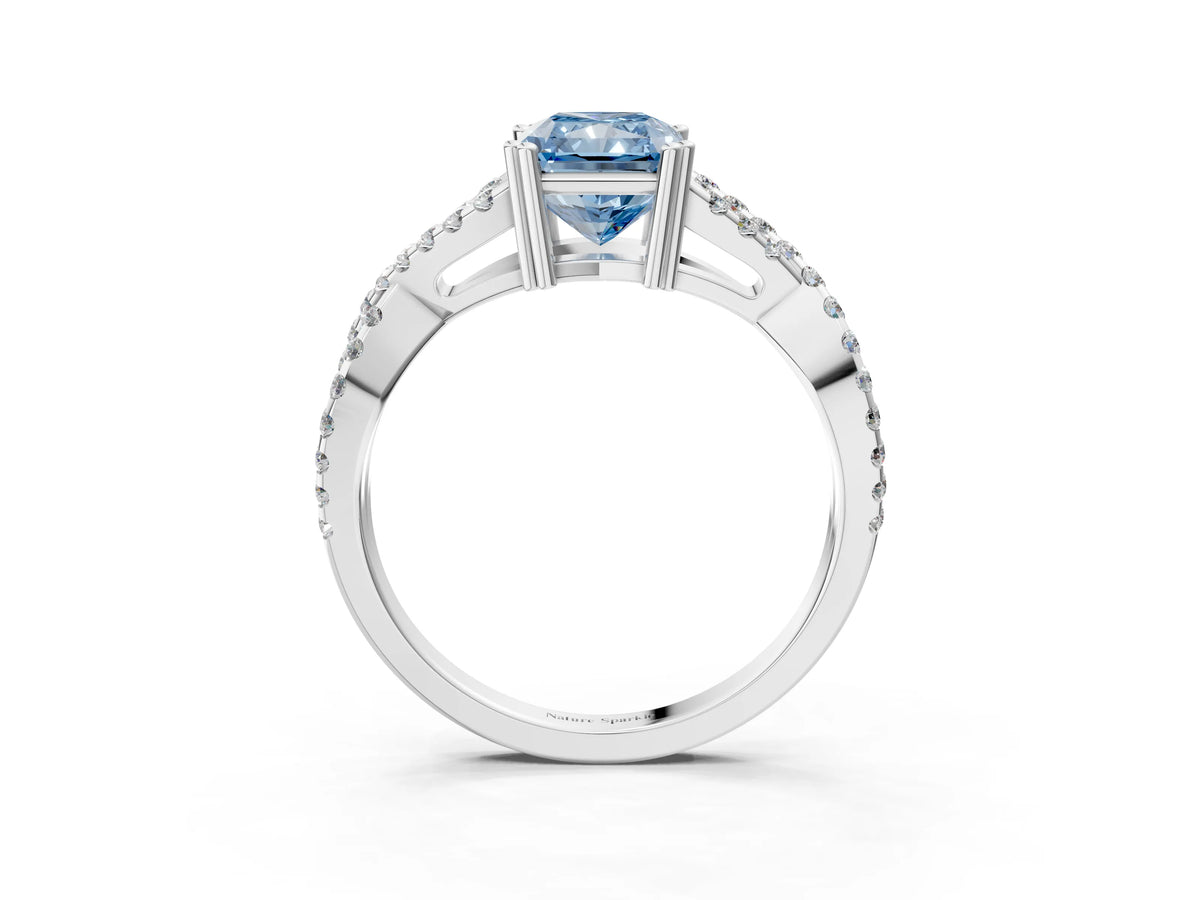 Fancy Blue Radiant Cut Diamond Solitaire Ring in White gold with Interwoven Pavé Band and Prong Setting_3