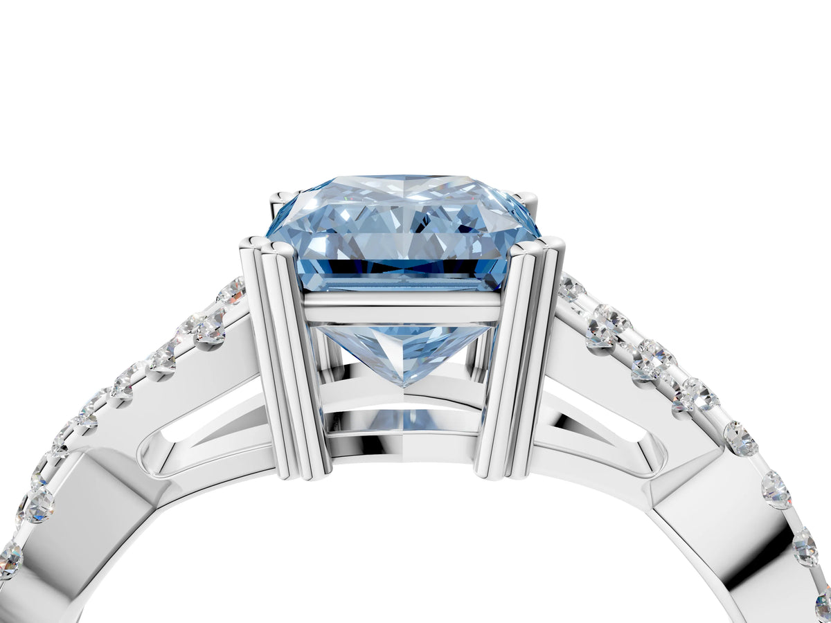 Fancy Blue Radiant Cut Diamond Solitaire Ring in White gold with Interwoven Pavé Band and Prong Setting_4