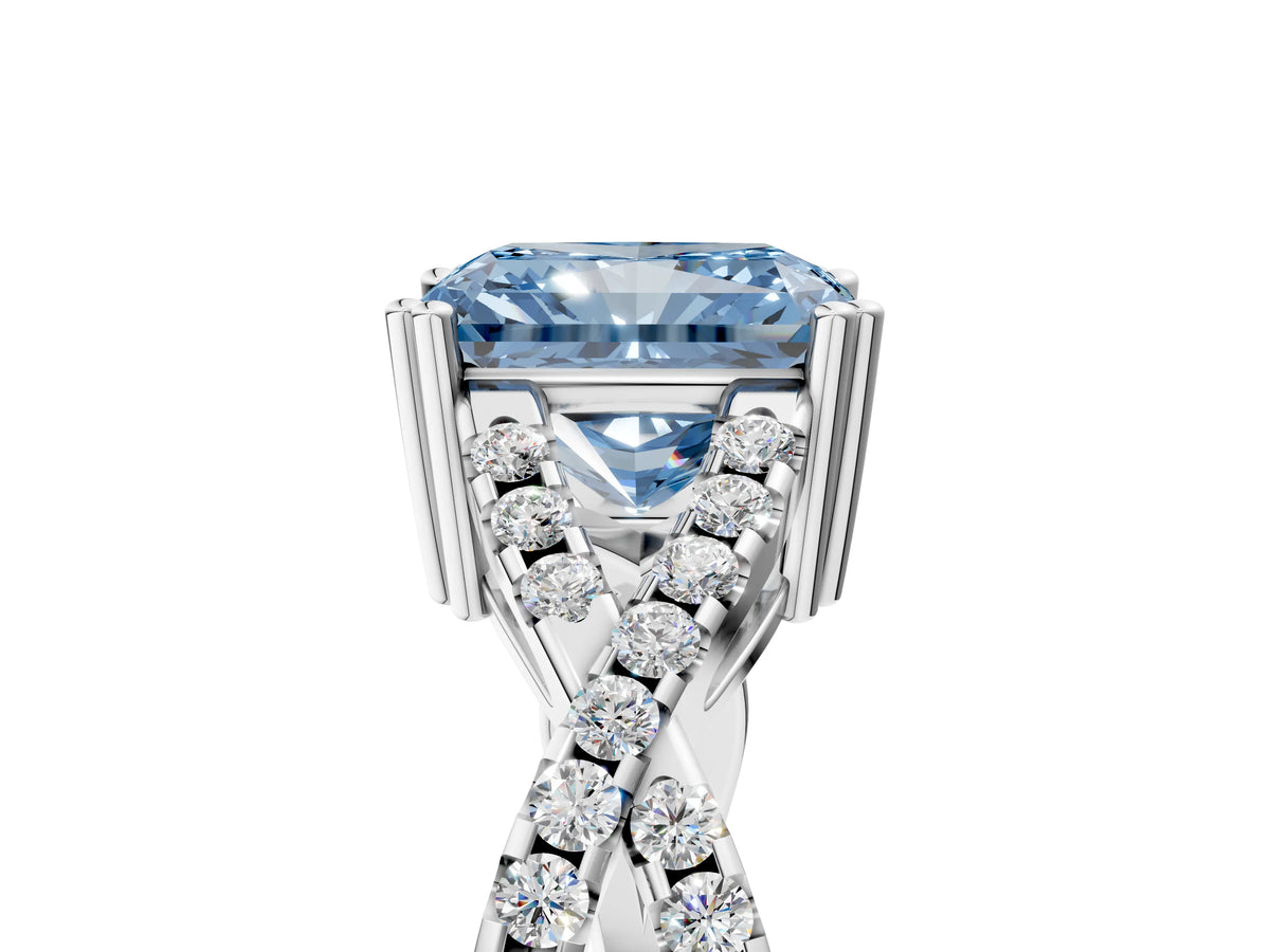 Fancy Blue Radiant Cut Diamond Solitaire Ring in White gold with Interwoven Pavé Band and Prong Setting_5