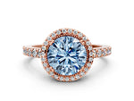 Fancy Blue Round Cut Diamond Halo Engagement Ring in Rose gold with Milgrain Detail and Pavé Band
