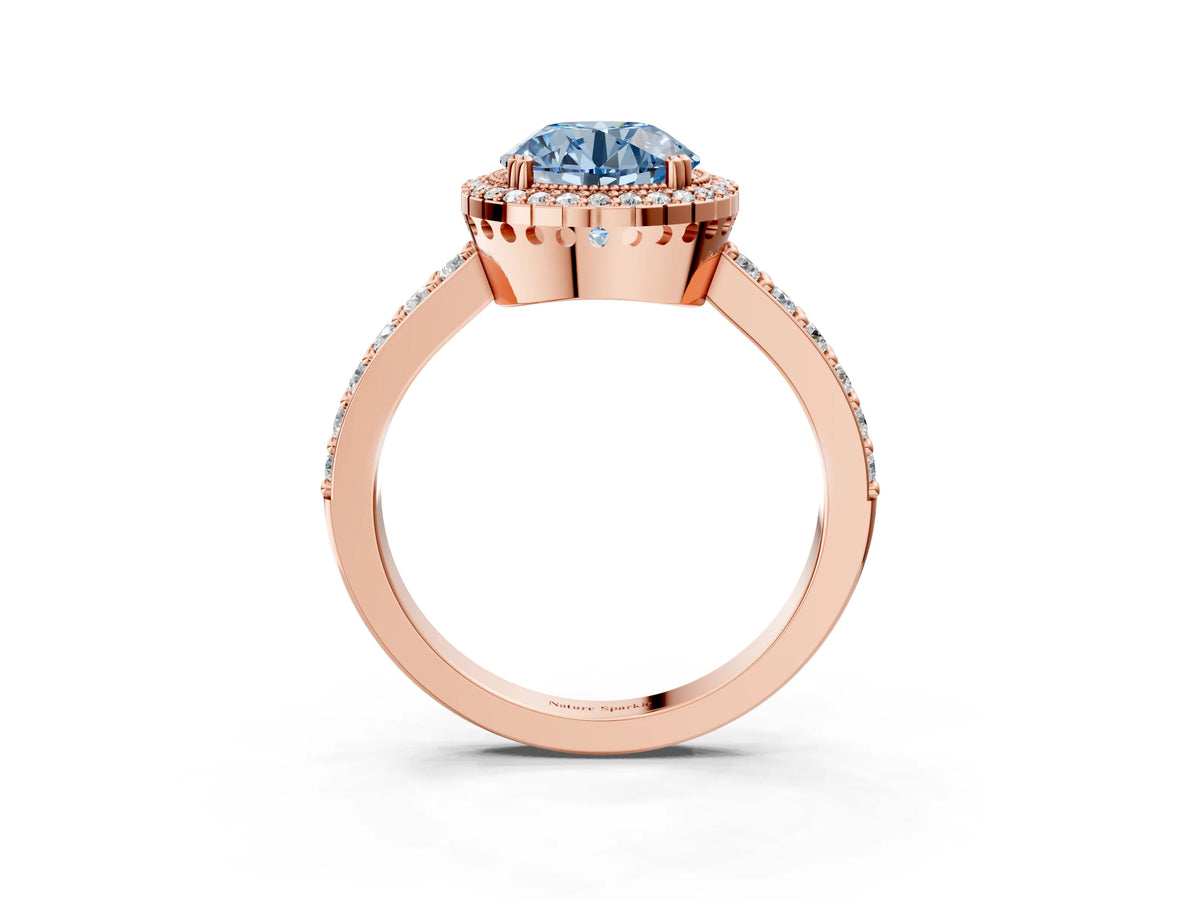 Fancy Blue Round Cut Diamond Halo Engagement Ring in Rose gold with Milgrain Detail and Pavé Band_3