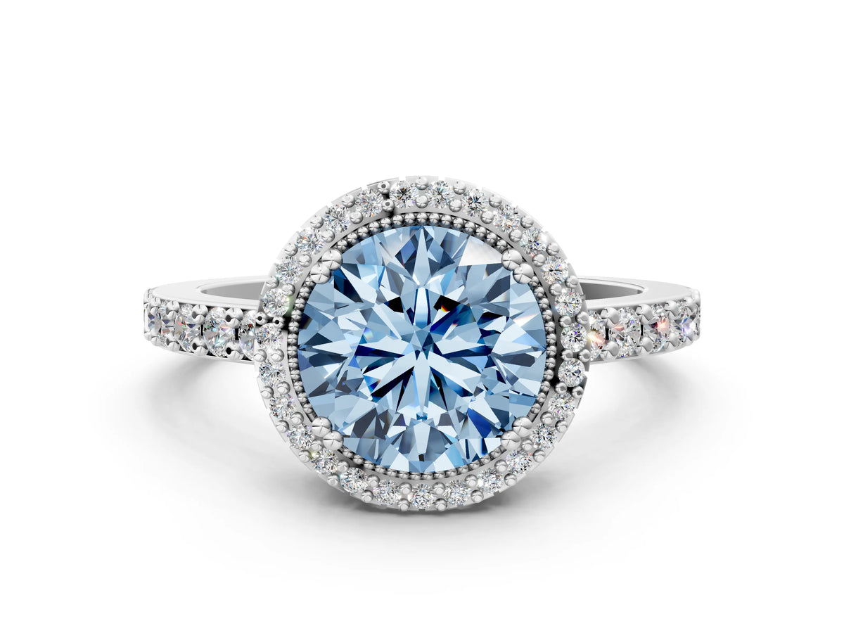 Fancy Blue Round Cut Diamond Halo Engagement Ring in Silver with Milgrain Detail and Pavé Band_6