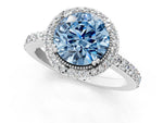 Fancy Blue Round Cut Diamond Halo Engagement Ring in White gold with Milgrain Detail and Pavé Band_1