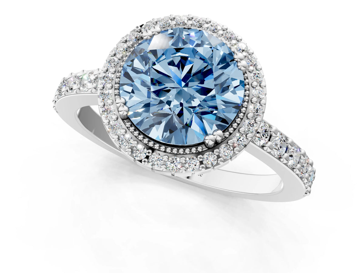 Fancy Blue Round Cut Diamond Halo Engagement Ring in White gold with Milgrain Detail and Pavé Band_1