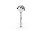 Fancy Blue Round Cut Diamond Halo Engagement Ring in White gold with Milgrain Detail and Pavé Band_2