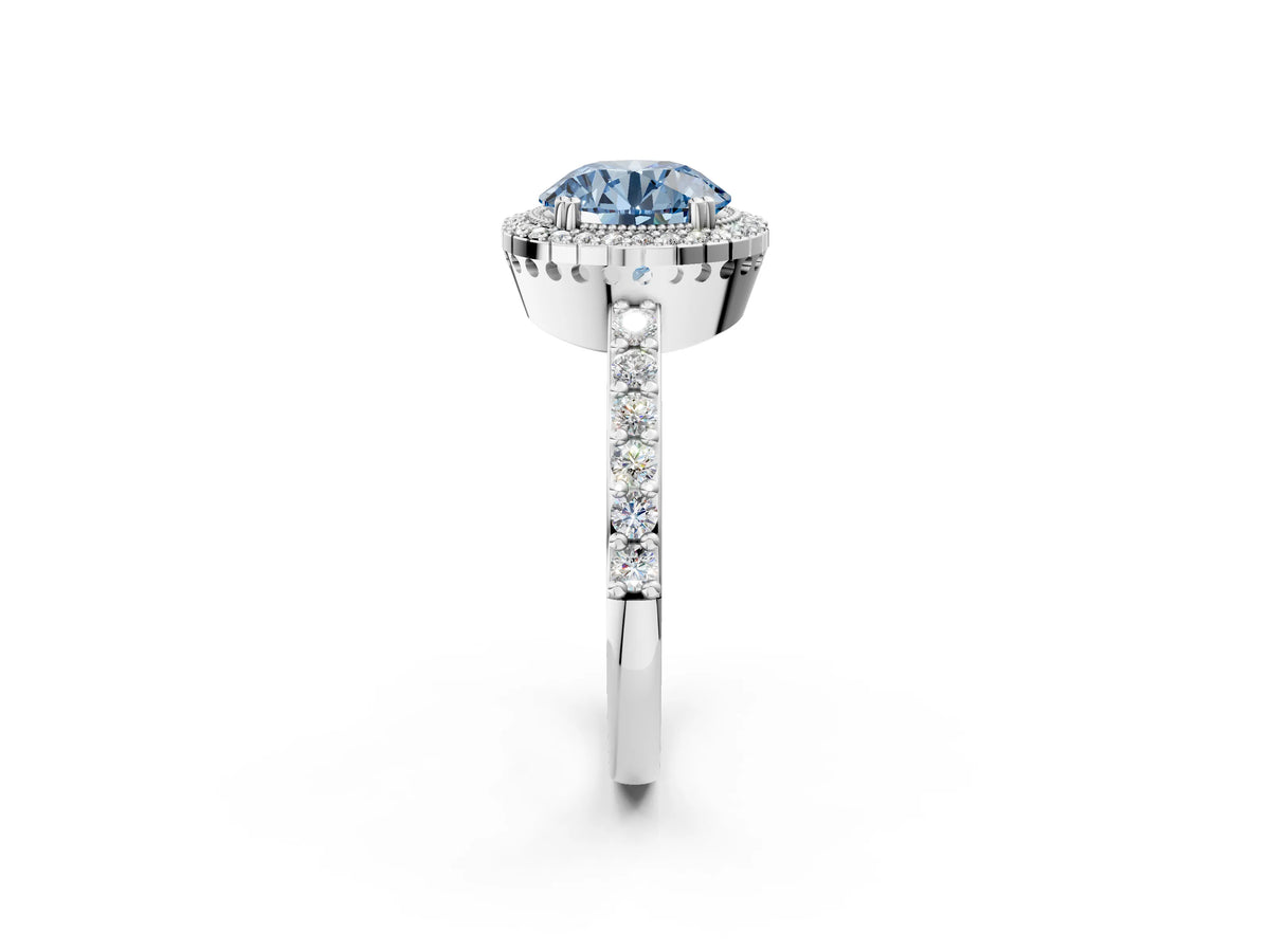 Fancy Blue Round Cut Diamond Halo Engagement Ring in White gold with Milgrain Detail and Pavé Band_2