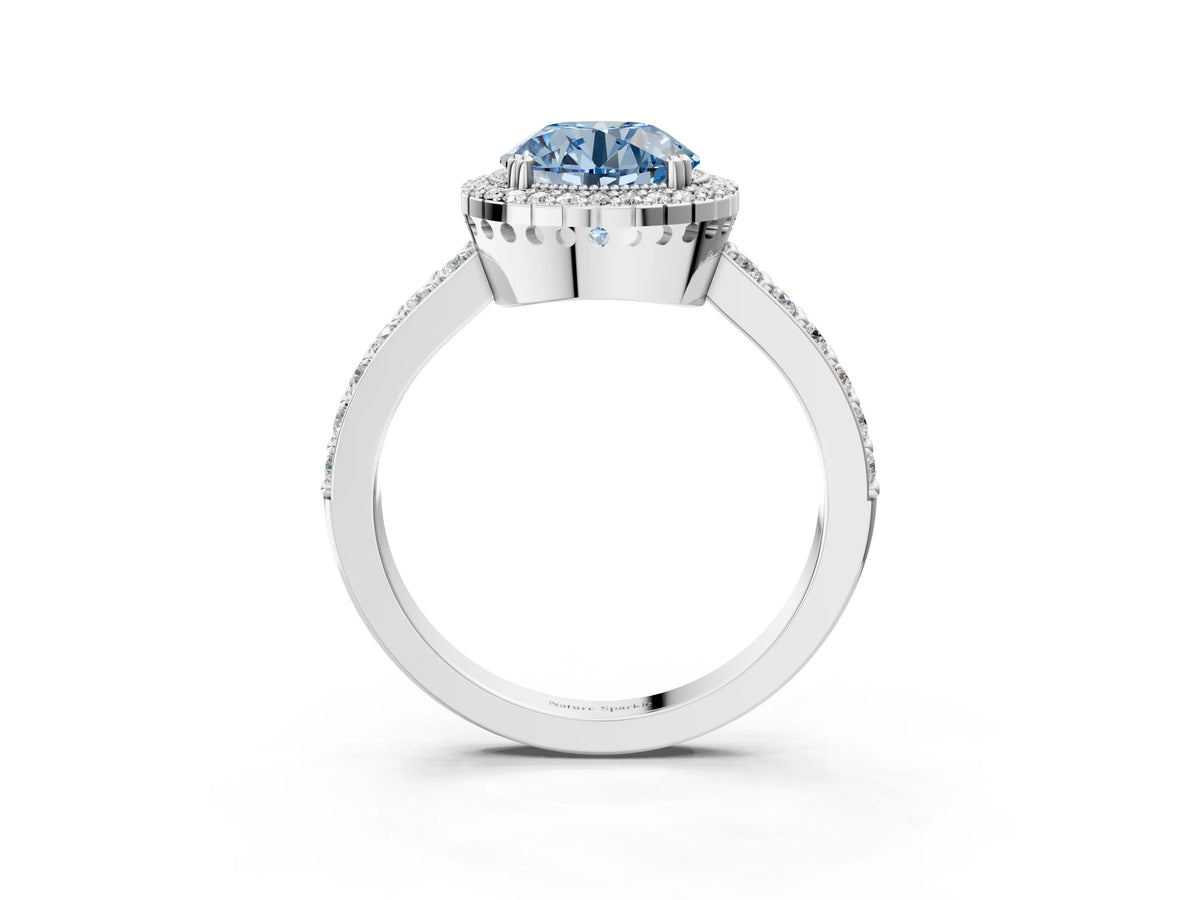 Fancy Blue Round Cut Diamond Halo Engagement Ring in White gold with Milgrain Detail and Pavé Band_3