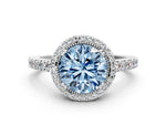 Fancy Blue Round Cut Diamond Halo Engagement Ring in White gold with Milgrain Detail and Pavé Band