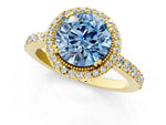 Fancy Blue Round Cut Diamond Halo Engagement Ring in Yellow gold with Milgrain Detail and Pavé Band_1
