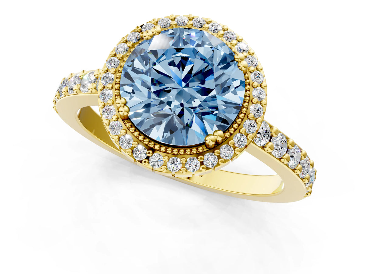 Fancy Blue Round Cut Diamond Halo Engagement Ring in Yellow gold with Milgrain Detail and Pavé Band_1