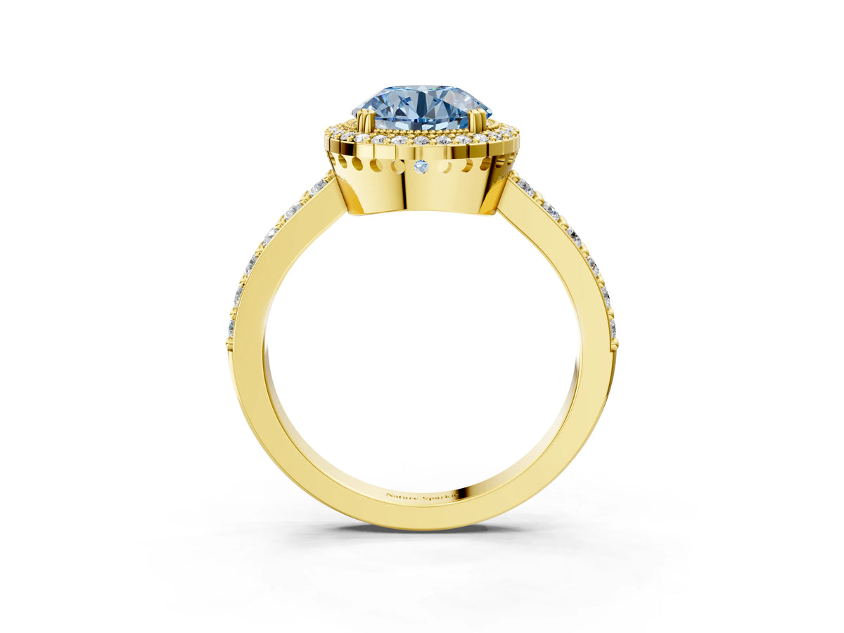 Fancy Blue Round Cut Diamond Halo Engagement Ring in Yellow gold with Milgrain Detail and Pavé Band_3