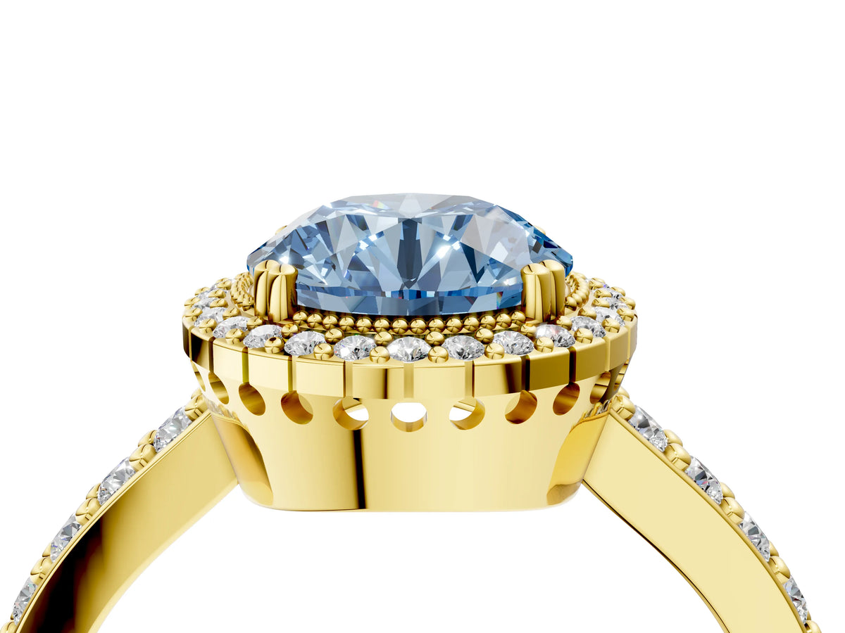 Fancy Blue Round Cut Diamond Halo Engagement Ring in Yellow gold with Milgrain Detail and Pavé Band_4