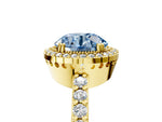 Fancy Blue Round Cut Diamond Halo Engagement Ring in Yellow gold with Milgrain Detail and Pavé Band_5