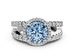 Fancy Blue Round Cut Diamond Halo Ring in Platinum with Split Shank Band and Prong Setting_12