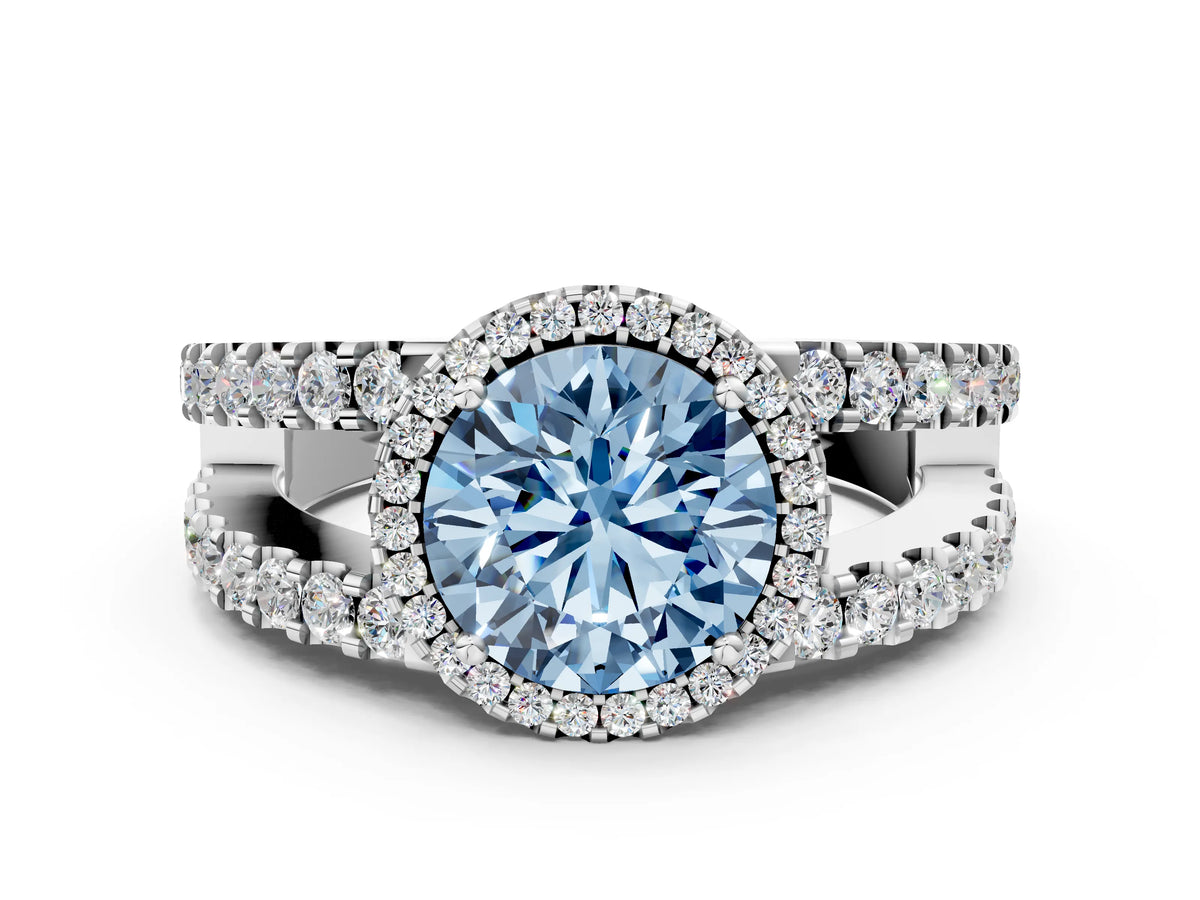 Fancy Blue Round Cut Diamond Halo Ring in Platinum with Split Shank Band and Prong Setting_12