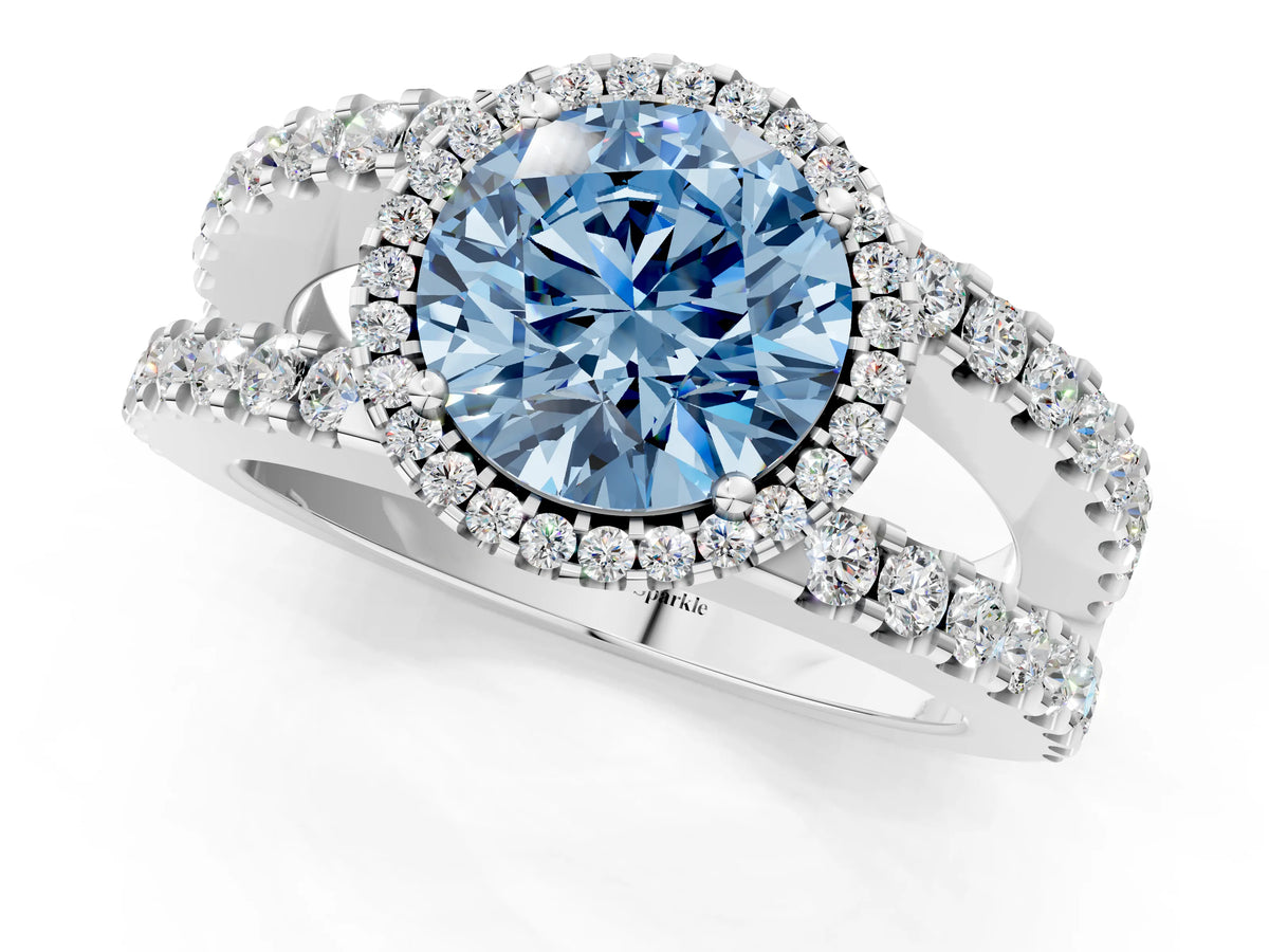 Fancy Blue Round Cut Diamond Halo Ring in Platinum with Split Shank Band and Prong Setting_13
