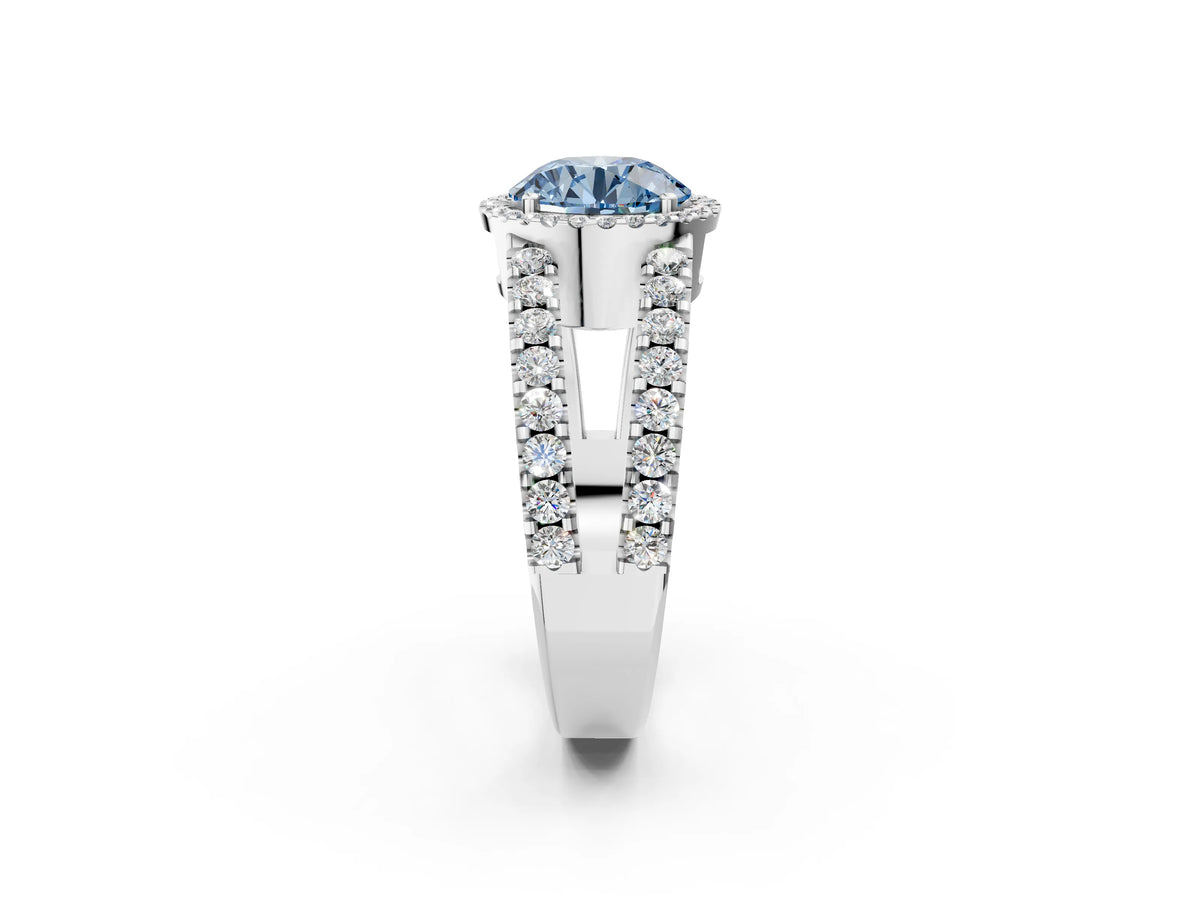 Fancy Blue Round Cut Diamond Halo Ring in Platinum with Split Shank Band and Prong Setting_14