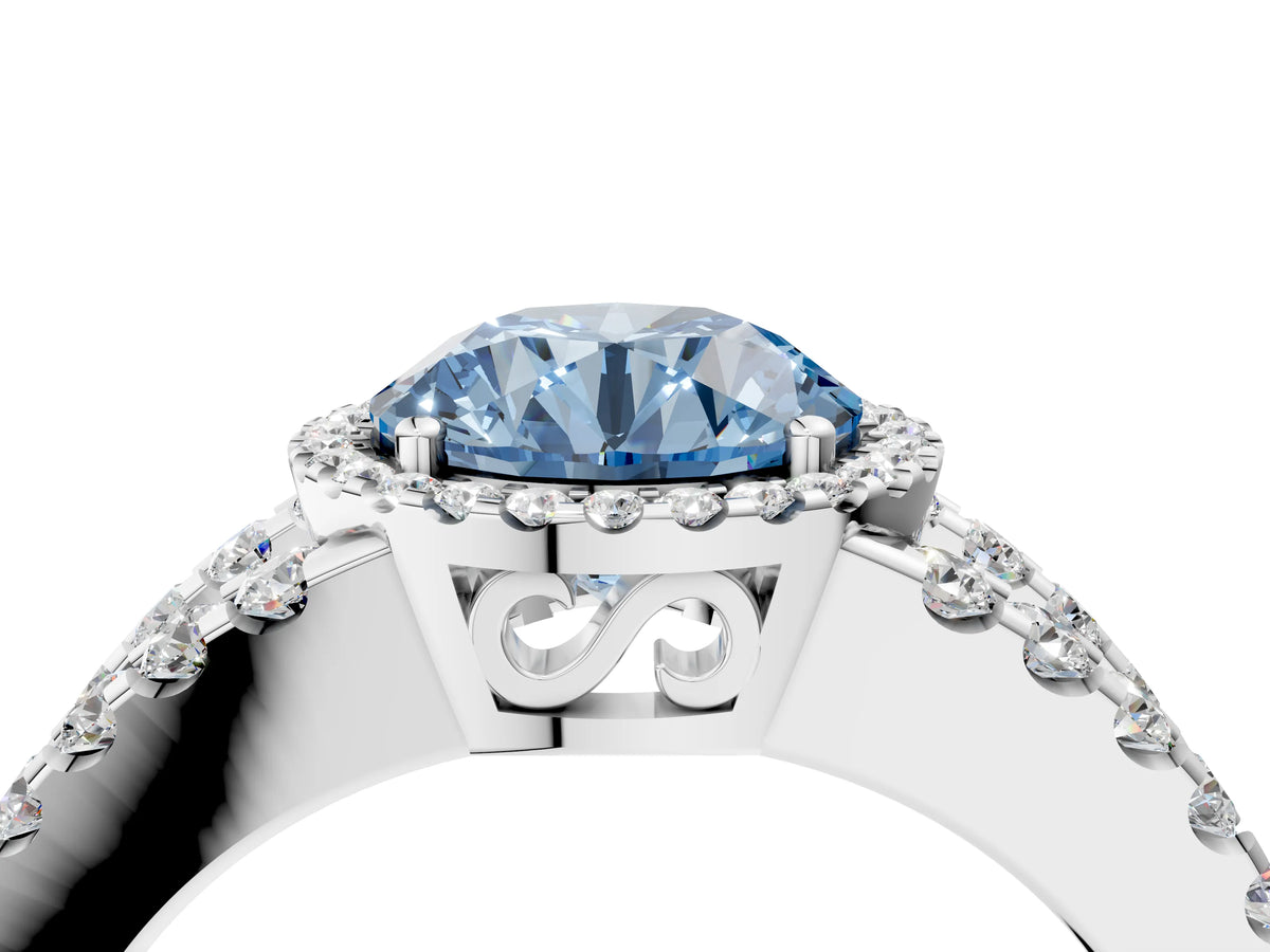 Fancy Blue Round Cut Diamond Halo Ring in Platinum with Split Shank Band and Prong Setting_16