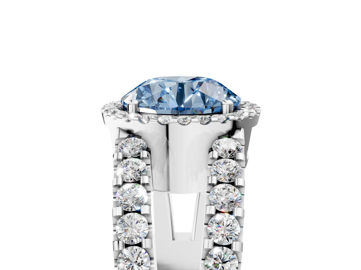Fancy Blue Round Cut Diamond Halo Ring in Platinum with Split Shank Band and Prong Setting_17