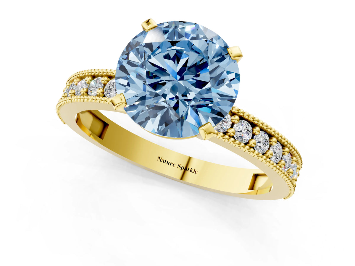 Fancy Blue Round Cut Diamond Milgrain Pavé Engagement Ring in Yellow gold with Prong Setting_1
