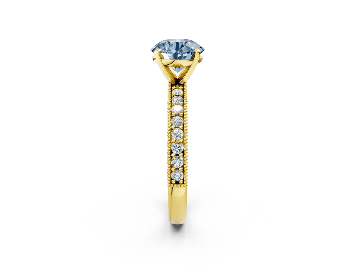 Fancy Blue Round Cut Diamond Milgrain Pavé Engagement Ring in Yellow gold with Prong Setting_2
