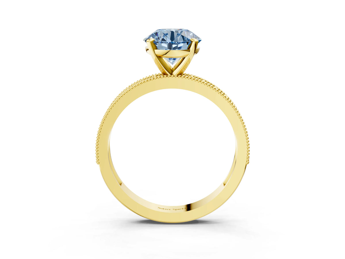 Fancy Blue Round Cut Diamond Milgrain Pavé Engagement Ring in Yellow gold with Prong Setting_3