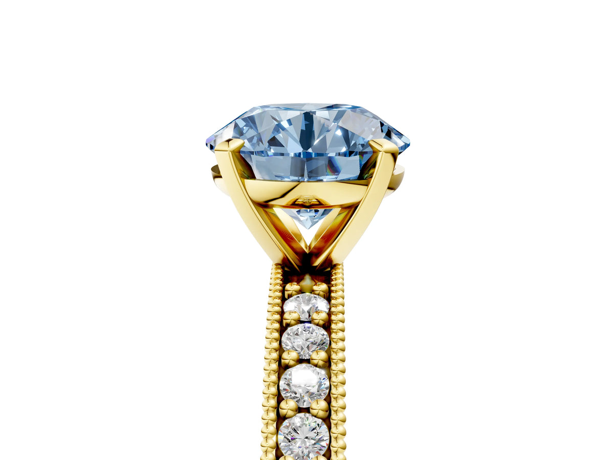 Fancy Blue Round Cut Diamond Milgrain Pavé Engagement Ring in Yellow gold with Prong Setting_5