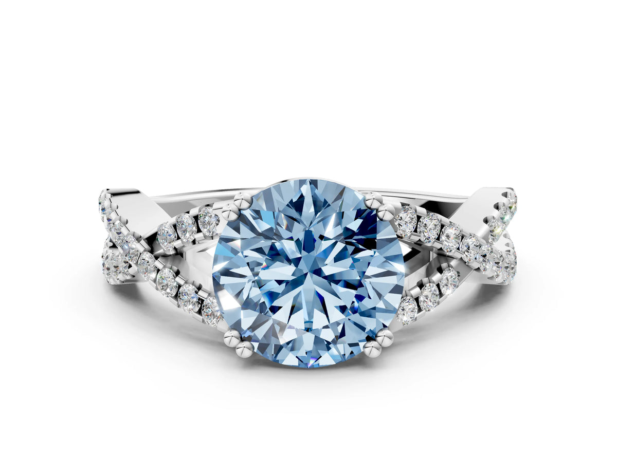 Fancy Blue Round Cut Diamond Solitaire Ring in Platinum with Interwoven Pavé Band and Prong Setting_6