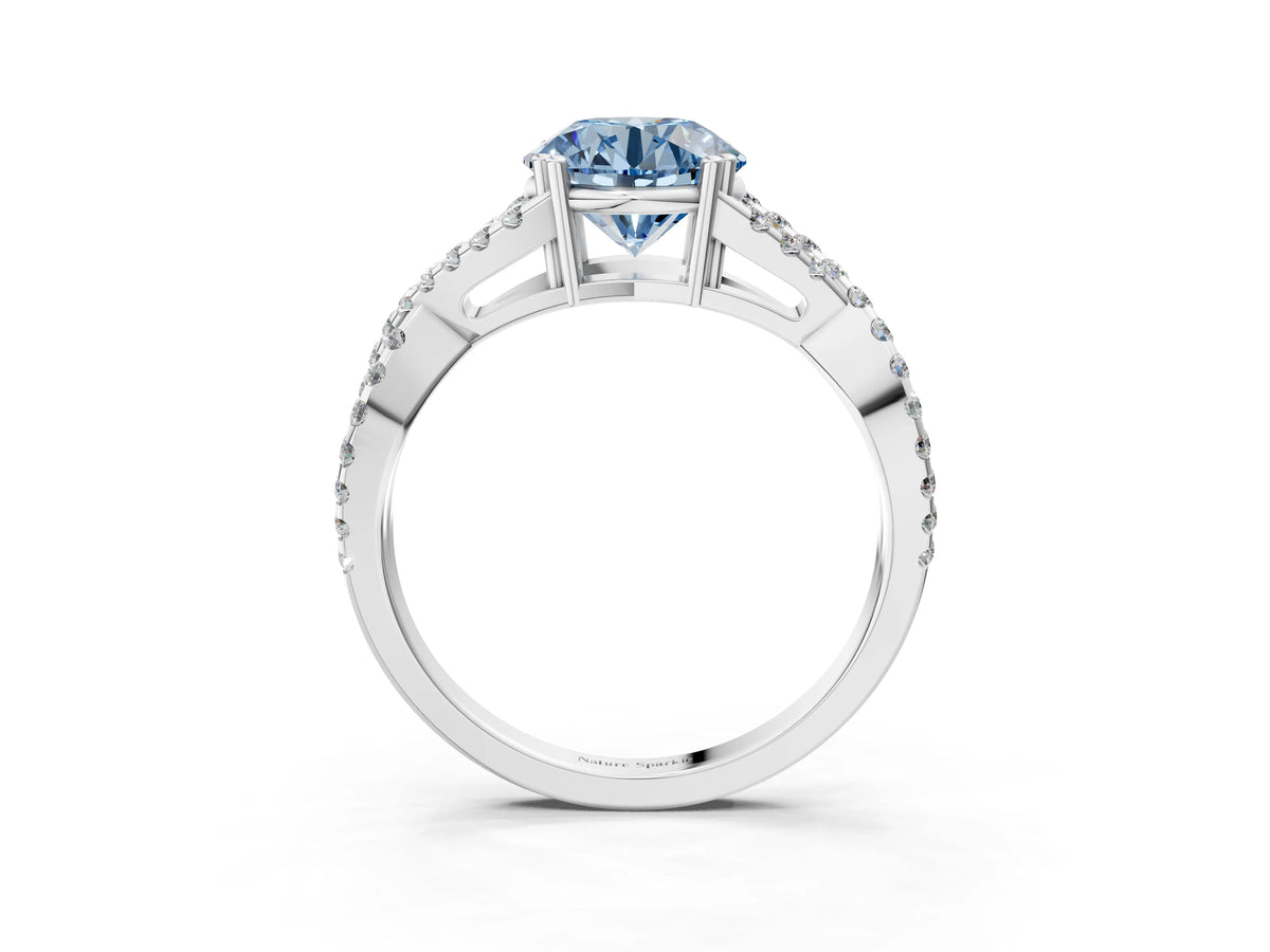 Fancy Blue Round Cut Diamond Solitaire Ring in Platinum with Interwoven Pavé Band and Prong Setting_9