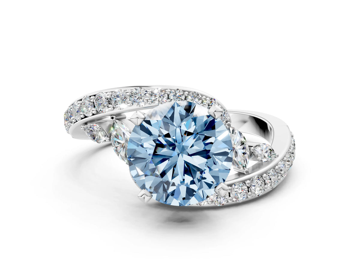 Fancy Blue Round Cut Diamond Solitaire Ring in Silver with Pavé Twist Band and Prong Setting_12
