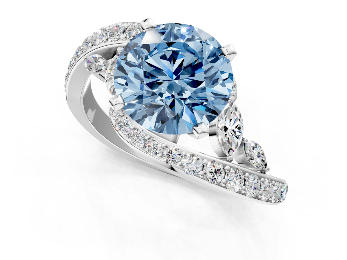 Fancy Blue Round Cut Diamond Solitaire Ring in Silver with Pavé Twist Band and Prong Setting_13