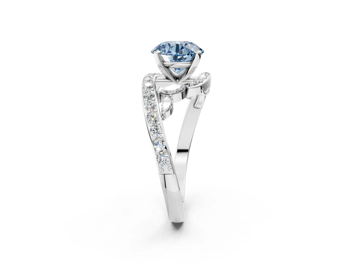 Fancy Blue Round Cut Diamond Solitaire Ring in Silver with Pavé Twist Band and Prong Setting_14