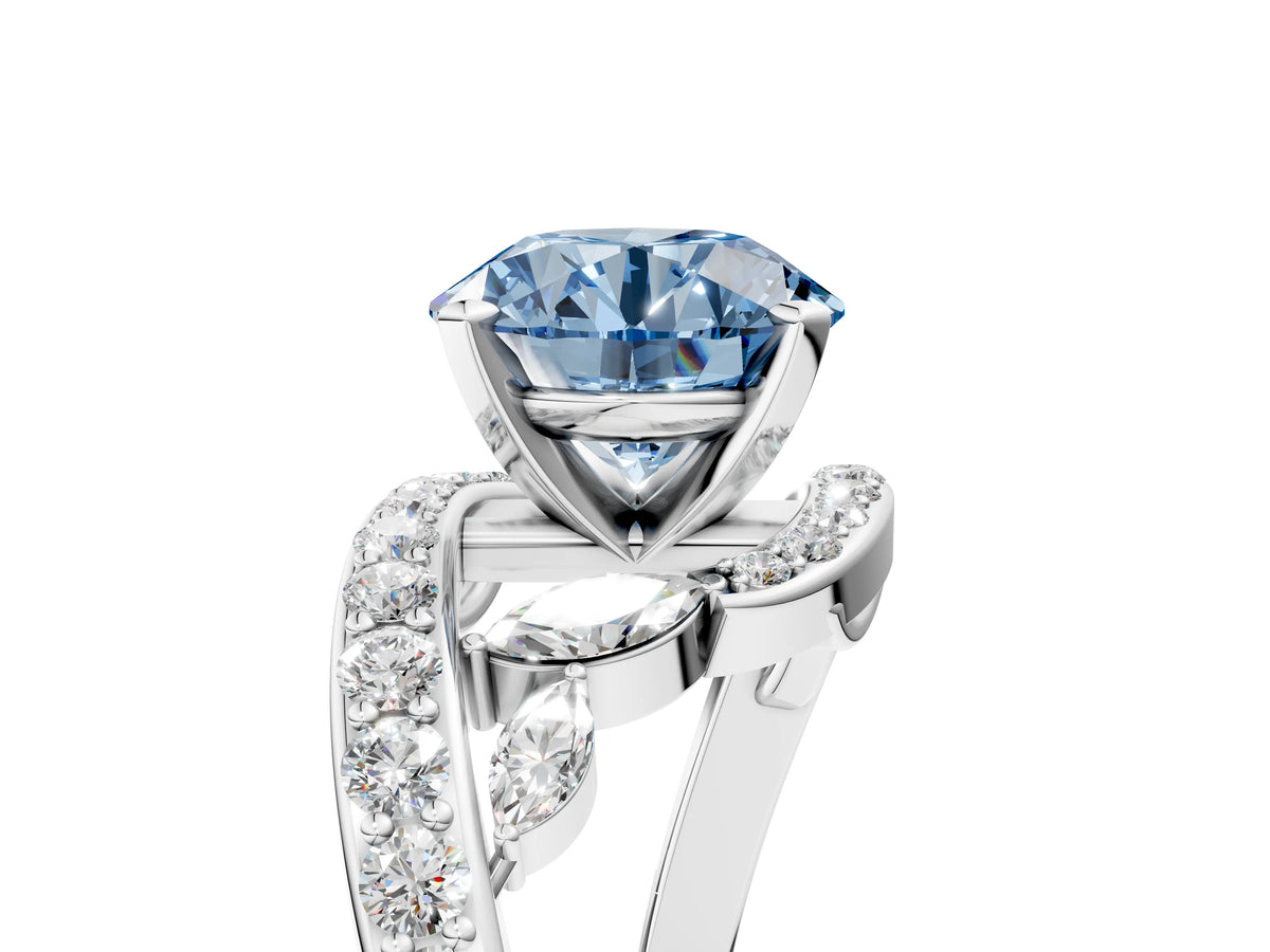 Fancy Blue Round Cut Diamond Solitaire Ring in Silver with Pavé Twist Band and Prong Setting_17