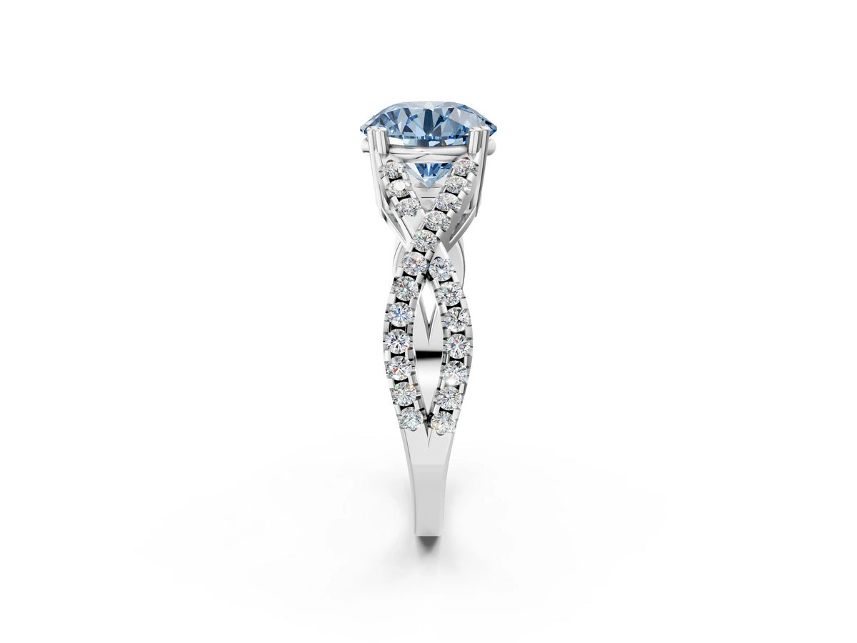 Fancy Blue Round Cut Diamond Solitaire Ring in White gold with Interwoven Pavé Band and Prong Setting_2
