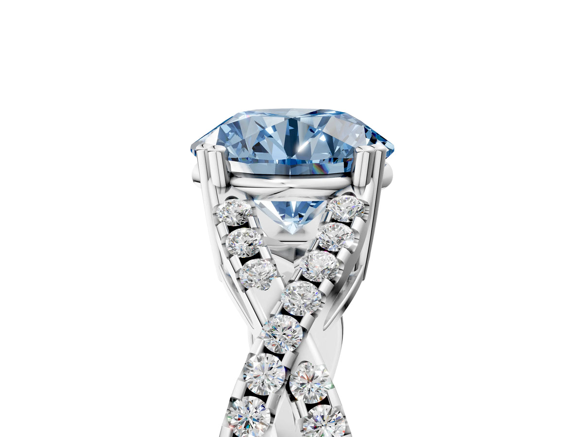 Fancy Blue Round Cut Diamond Solitaire Ring in White gold with Interwoven Pavé Band and Prong Setting_5