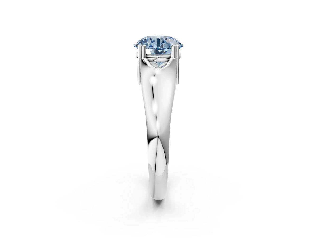 Fancy Blue Round Cut Diamond Solitaire Ring in White gold with Smooth Wide Band and Prong Setting_2