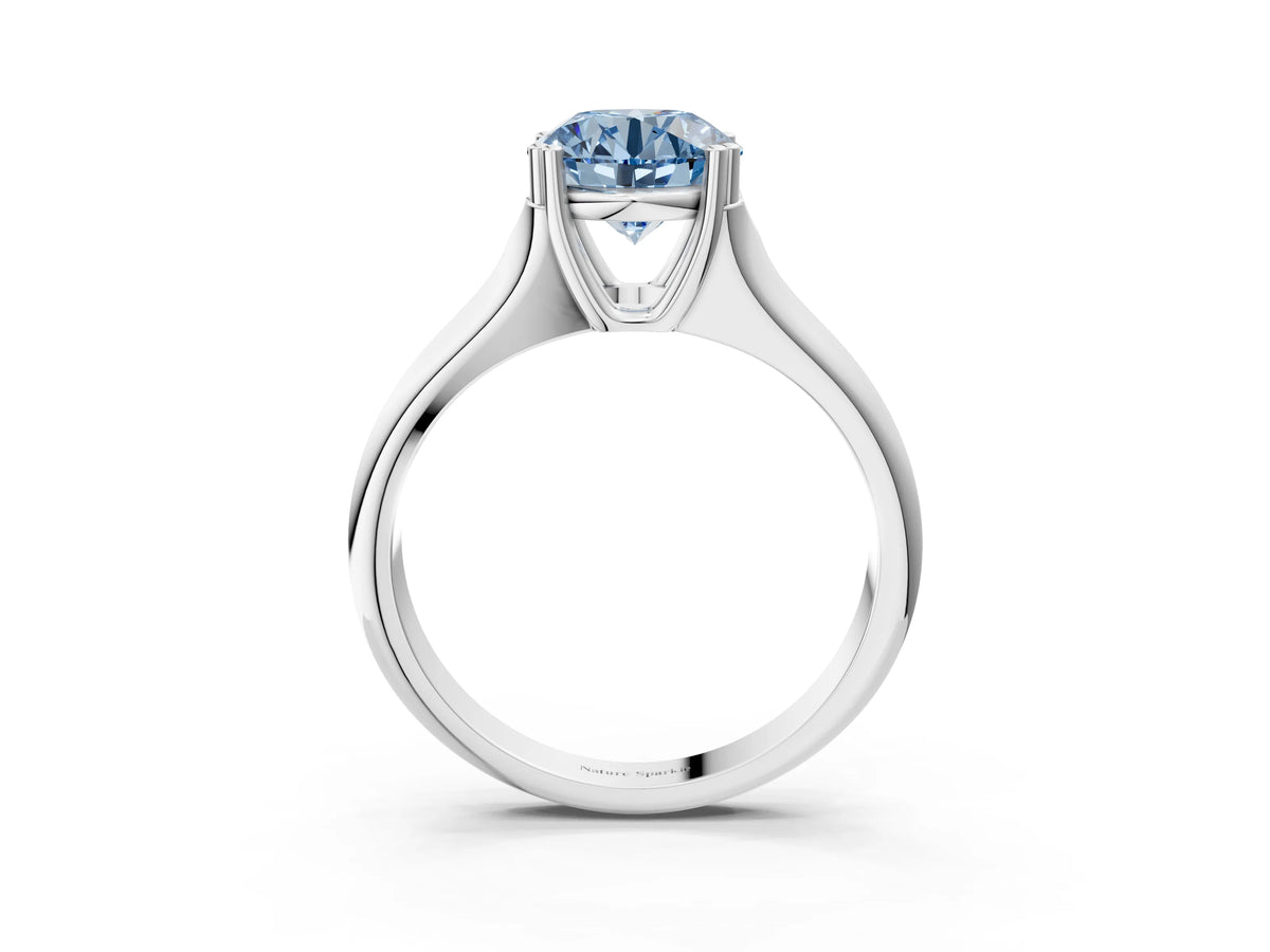Fancy Blue Round Cut Diamond Solitaire Ring in White gold with Smooth Wide Band and Prong Setting_3