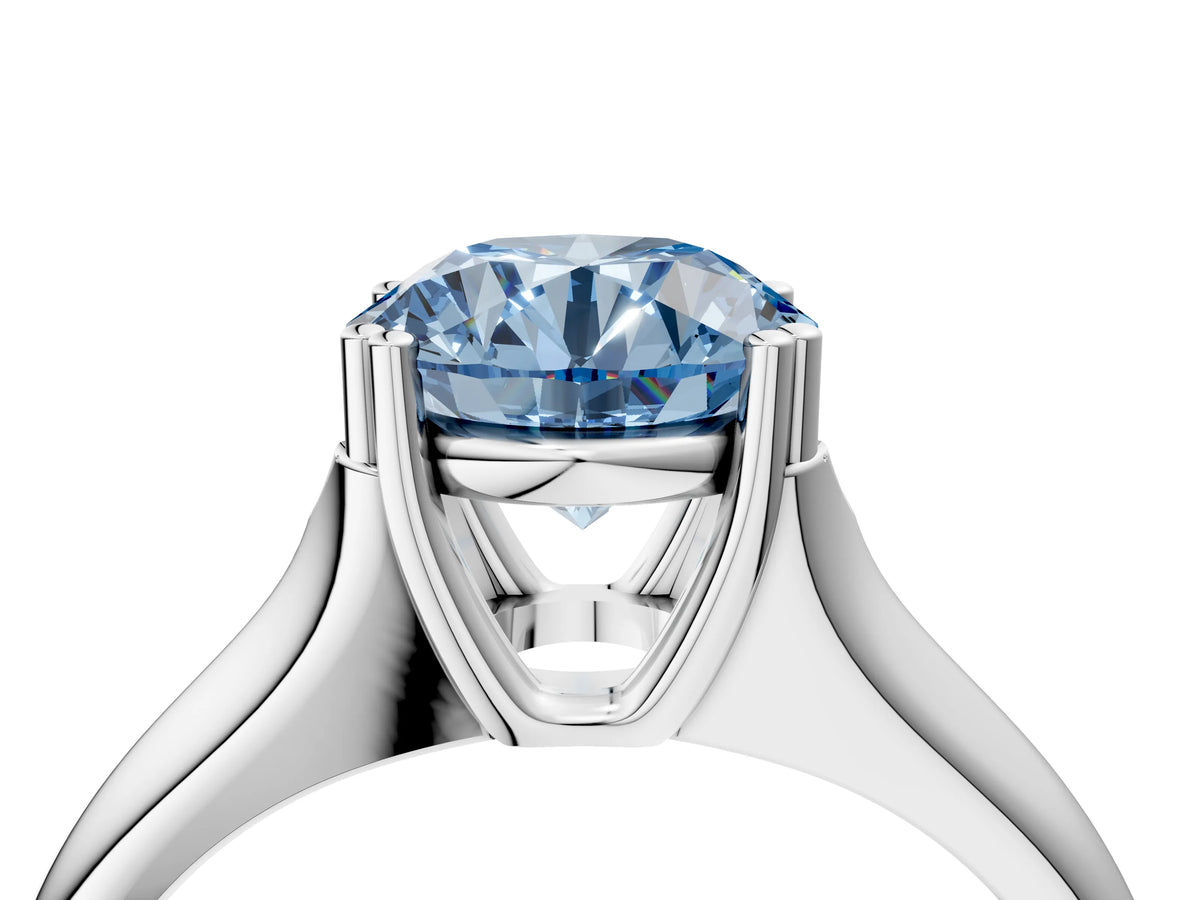 Fancy Blue Round Cut Diamond Solitaire Ring in White gold with Smooth Wide Band and Prong Setting_4