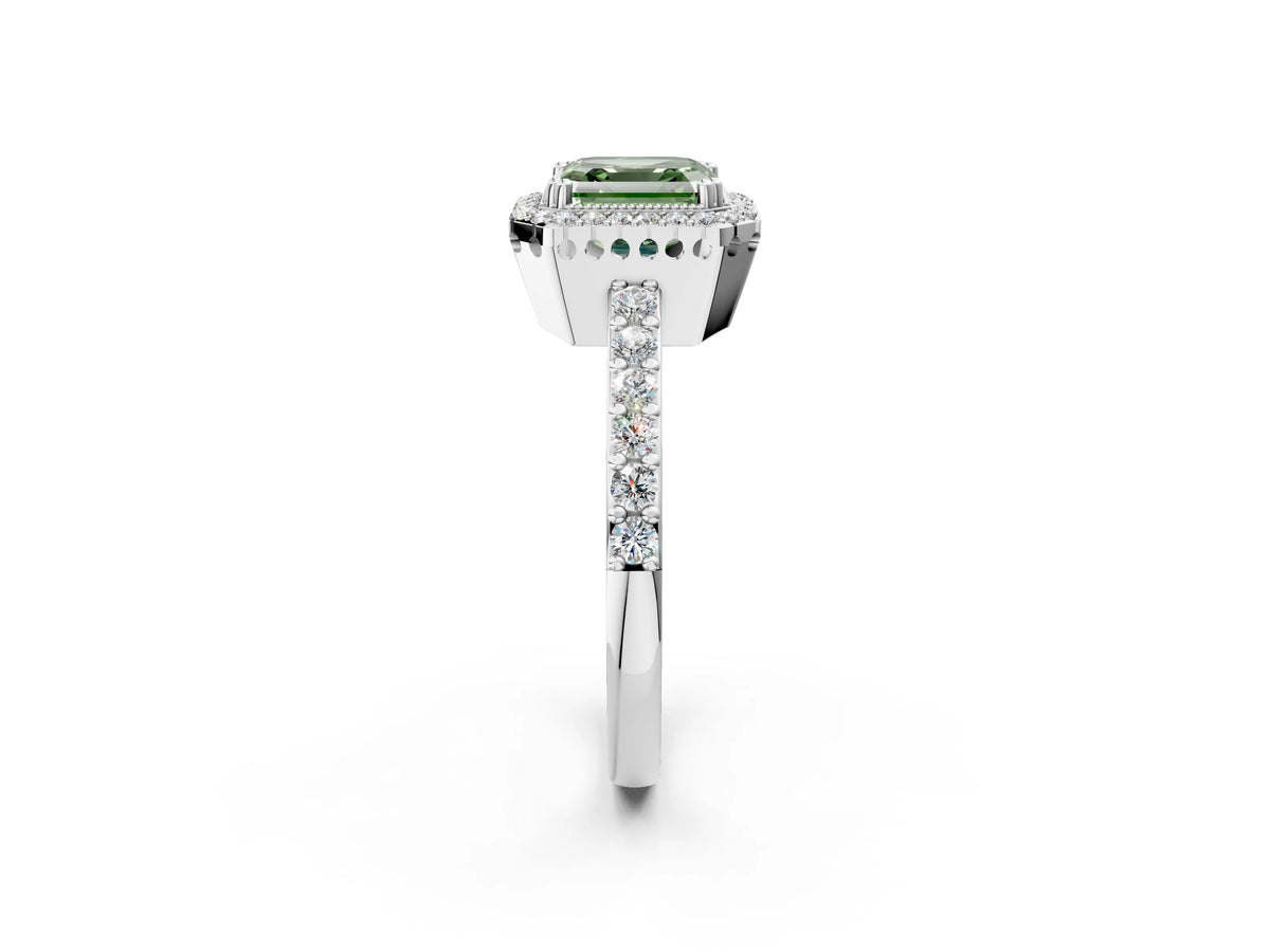 Fancy Green Asscher Cut Diamond Halo Engagement Ring in White gold with Milgrain Detail and Pavé Band_2
