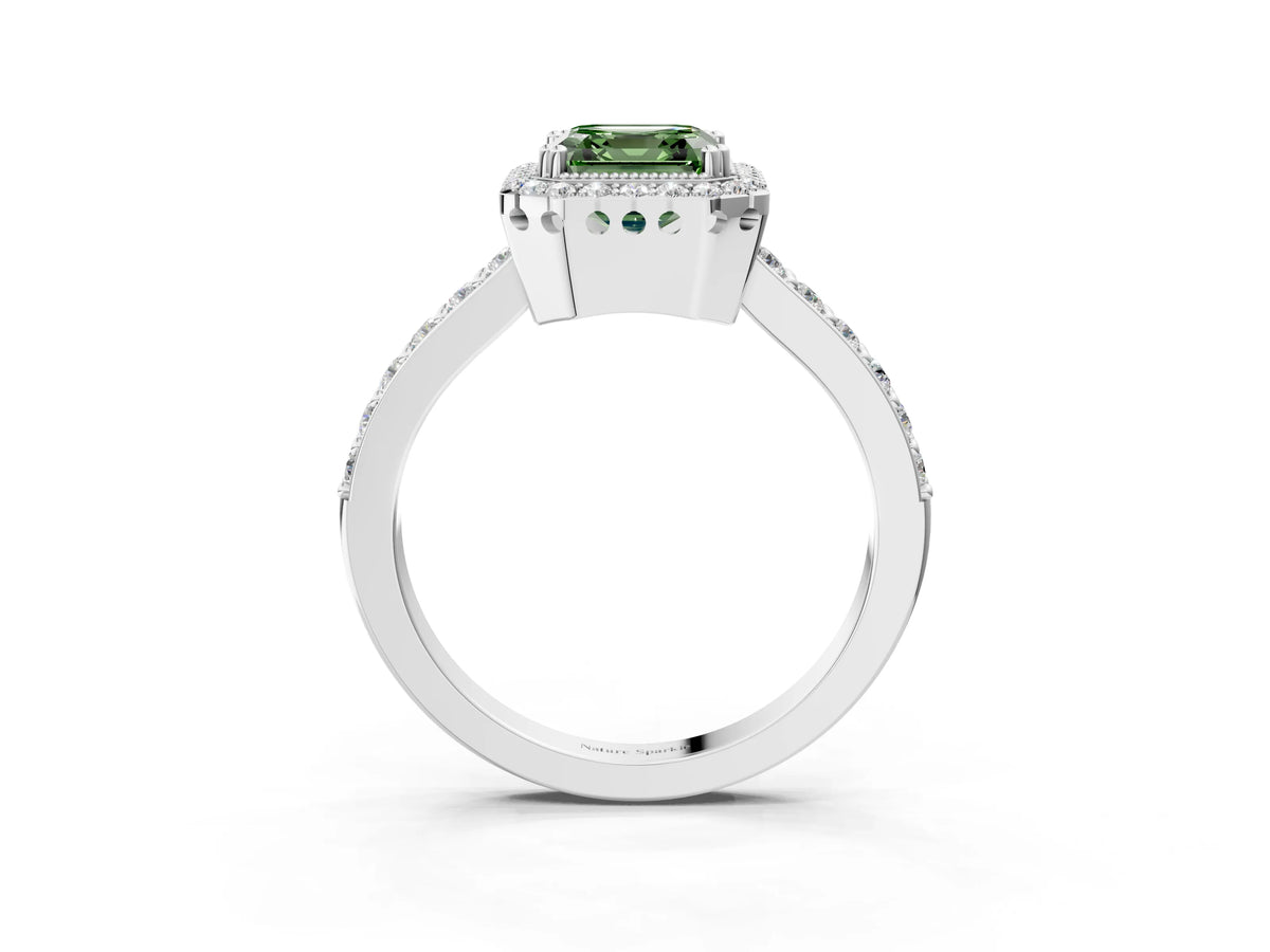 Fancy Green Asscher Cut Diamond Halo Engagement Ring in White gold with Milgrain Detail and Pavé Band_3