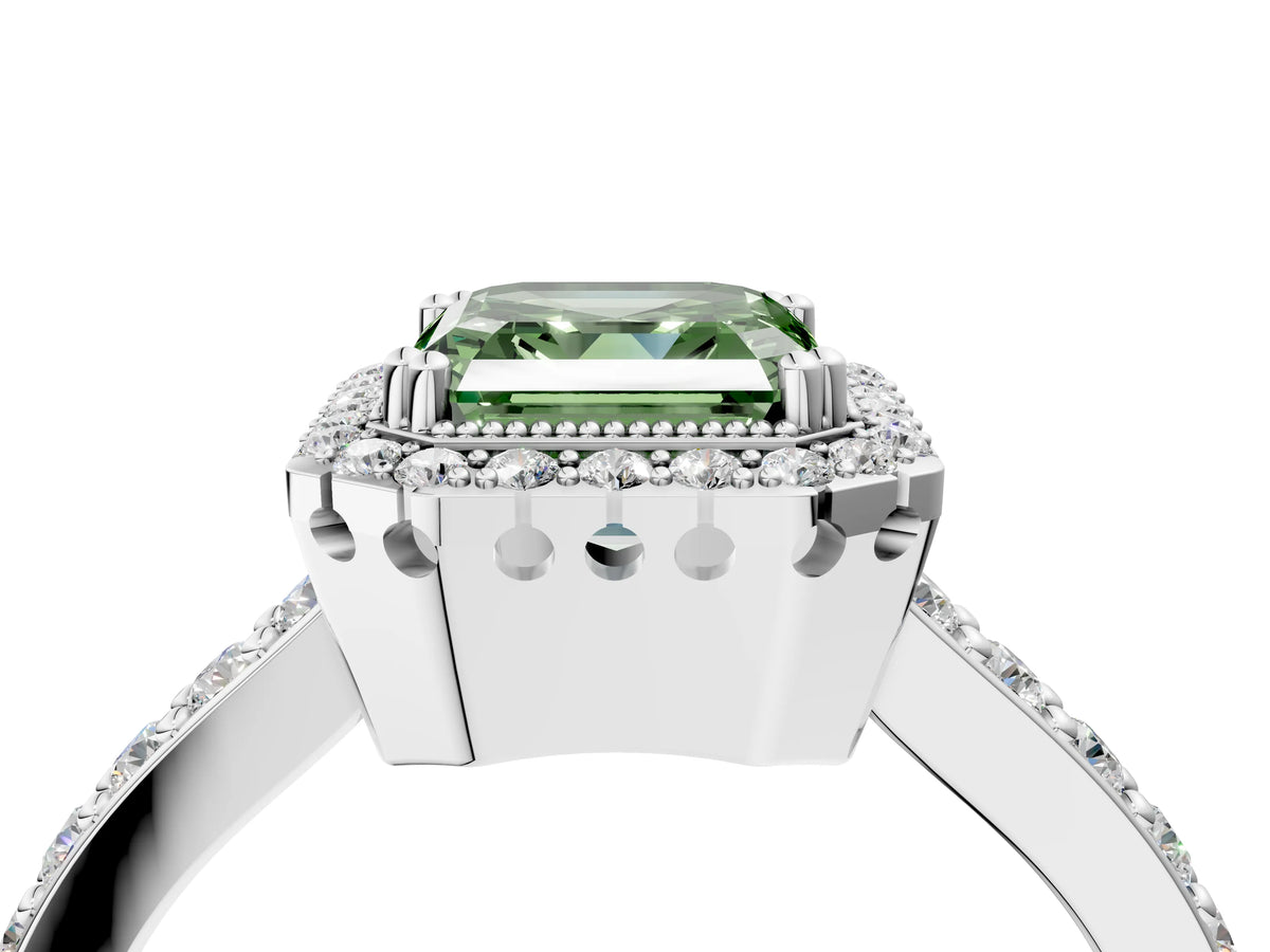 Fancy Green Asscher Cut Diamond Halo Engagement Ring in White gold with Milgrain Detail and Pavé Band_4