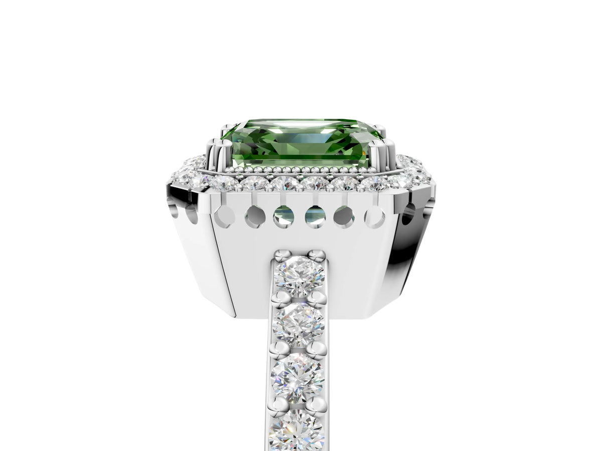 Fancy Green Asscher Cut Diamond Halo Engagement Ring in White gold with Milgrain Detail and Pavé Band_5