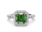 Fancy Green Asscher Cut Diamond Halo Engagement Ring in White gold with Milgrain Detail and Pavé Band