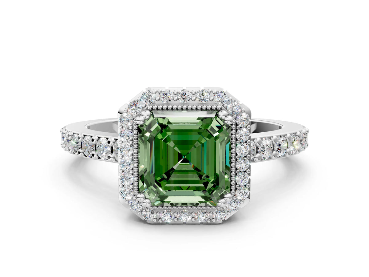 Fancy Green Asscher Cut Diamond Halo Engagement Ring in White gold with Milgrain Detail and Pavé Band