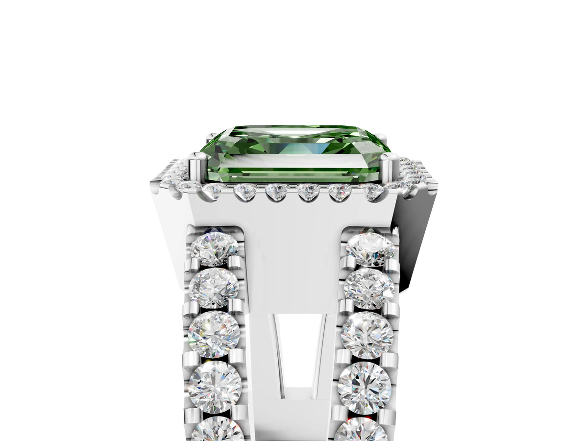 Fancy Green Asscher Cut Diamond Halo Ring in Silver with Split Shank Band and Prong Setting_11