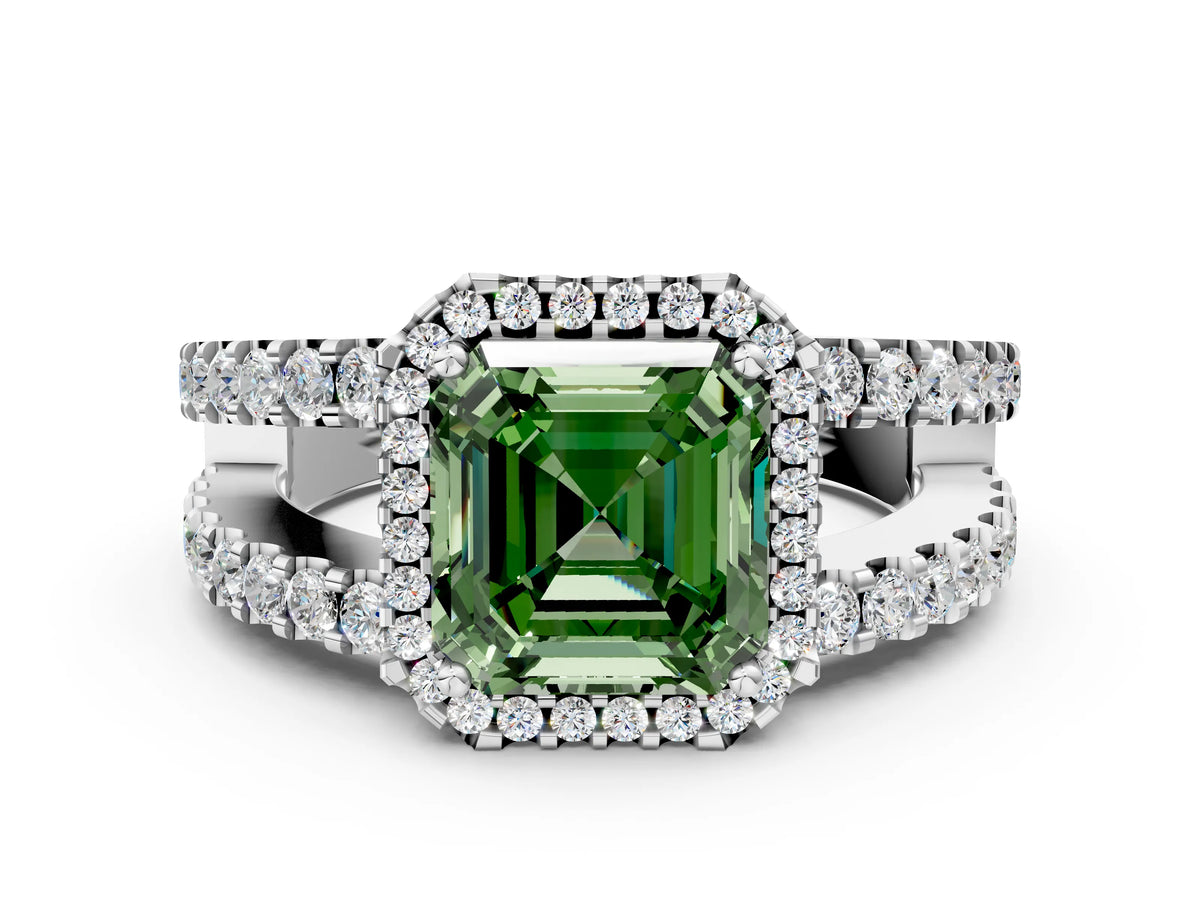Fancy Green Asscher Cut Diamond Halo Ring in Silver with Split Shank Band and Prong Setting_6