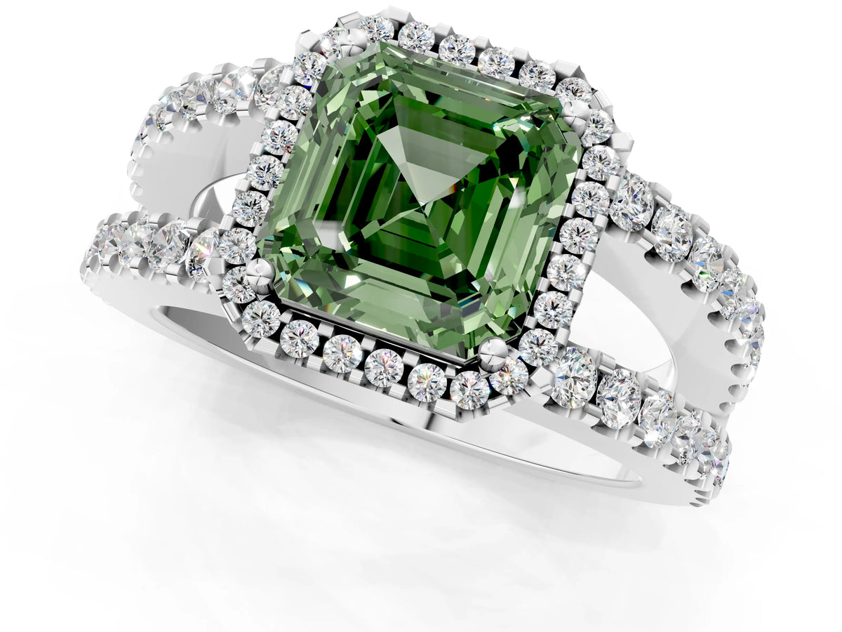 Fancy Green Asscher Cut Diamond Halo Ring in Silver with Split Shank Band and Prong Setting_7