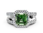 Fancy Green Asscher Cut Diamond Halo Ring in White gold with Split Shank Band and Prong Setting