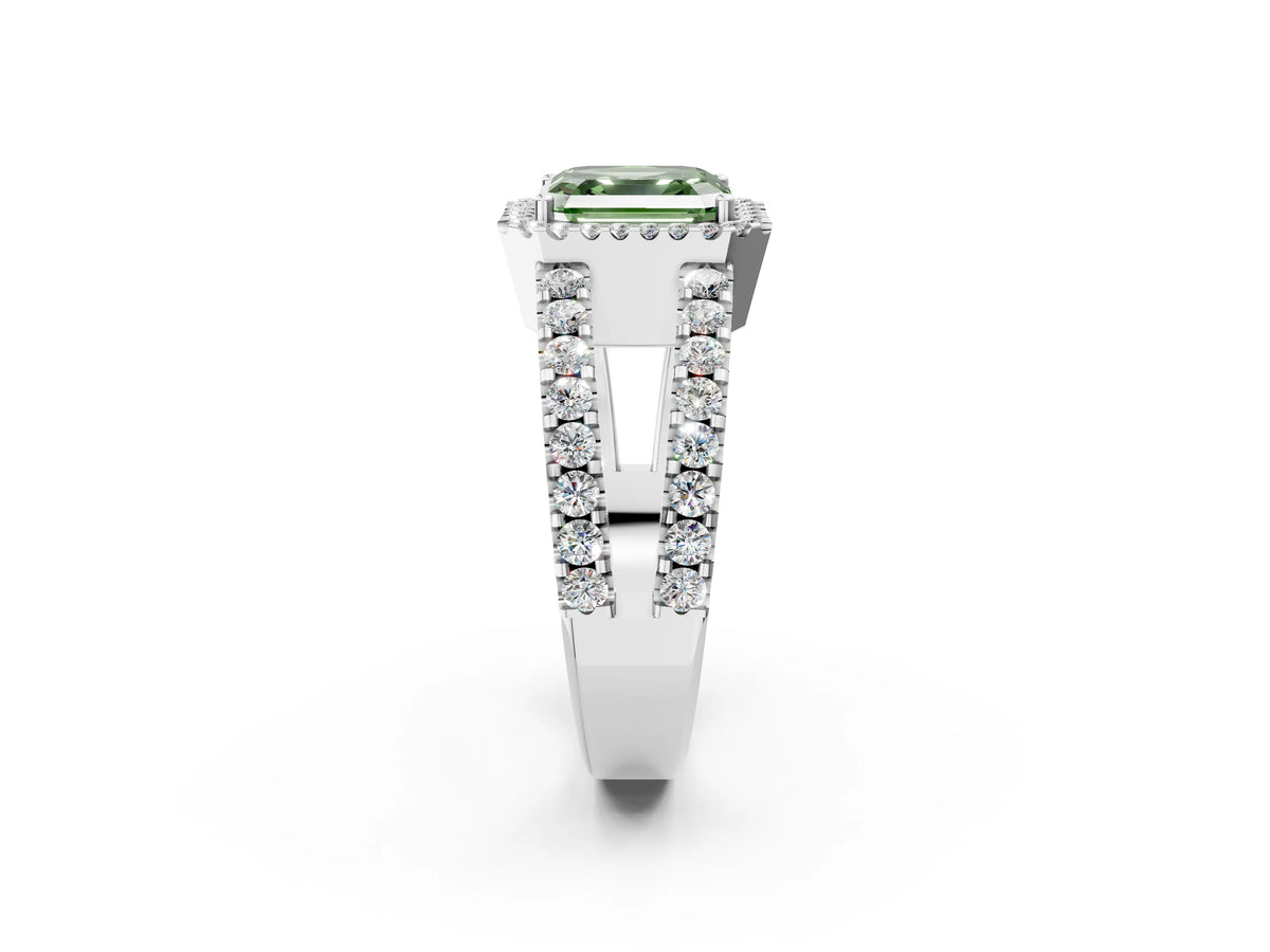 Fancy Green Asscher Cut Diamond Halo Ring in White gold with Split Shank Band and Prong Setting_2